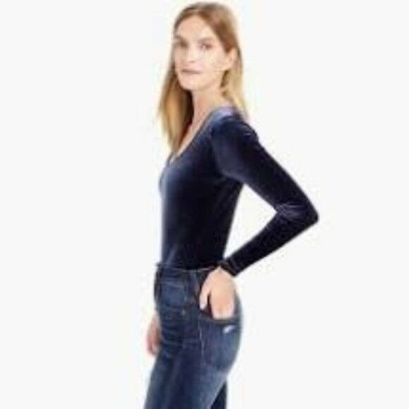 J. Crew Blue Velour Velvet Long Sleeve Scoop Neck Bodysuit Navy S (27) - Picture 5 of 8